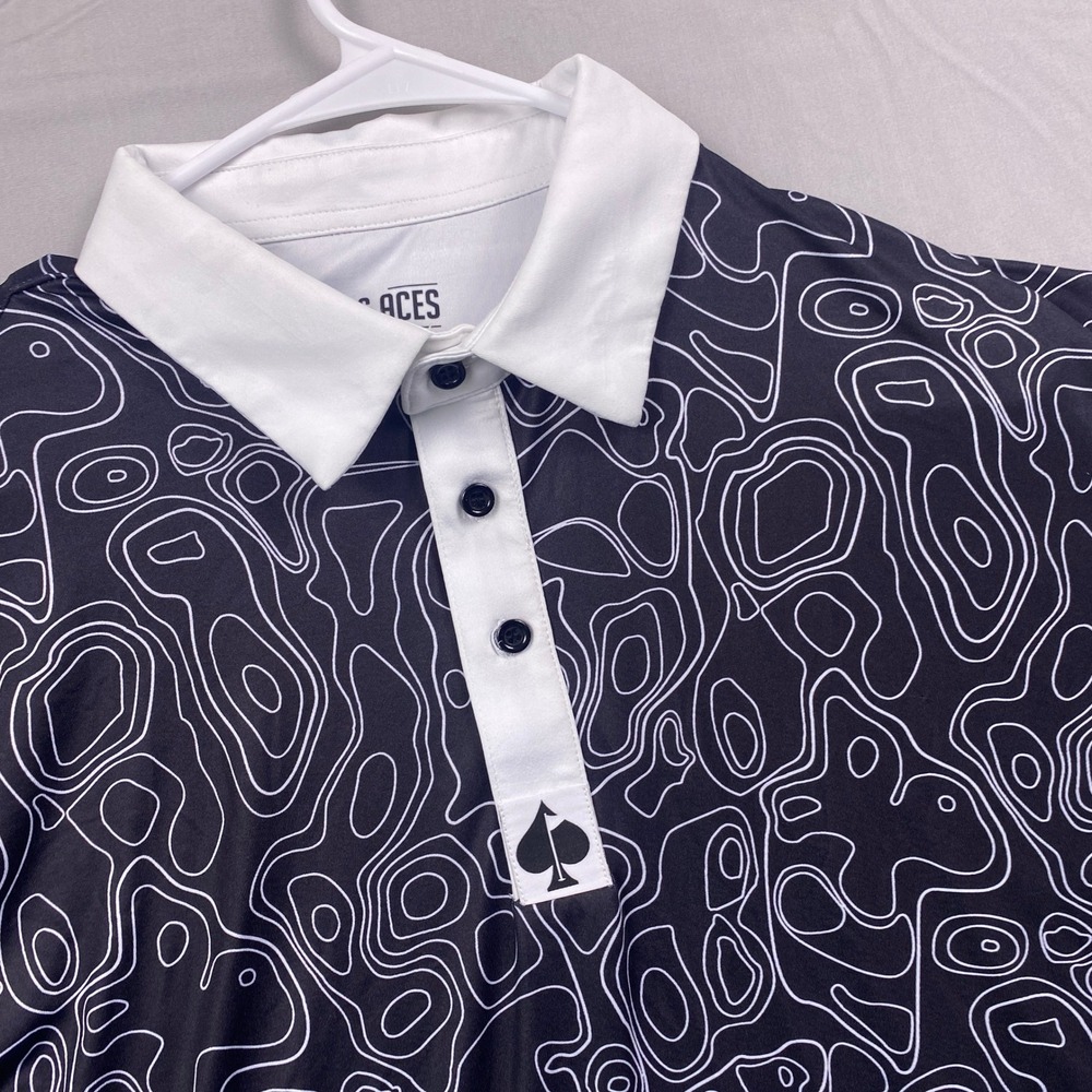 Pins & Aces Golf Co Polo Shirt Mens 2XL XXL Black White Topographic Performance